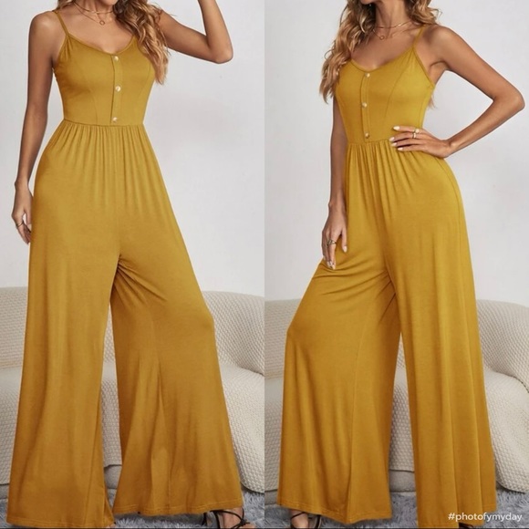 Boho button detail spaghetti straps Wide Leg jumpsuit GREEN - Picture 4 of 15